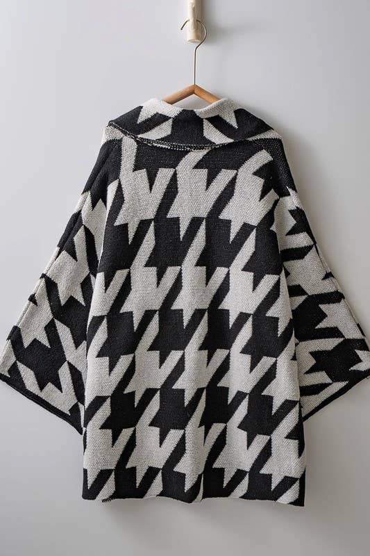 Oversized Houndstooth Pattern Open Knit Kimono Cardigan