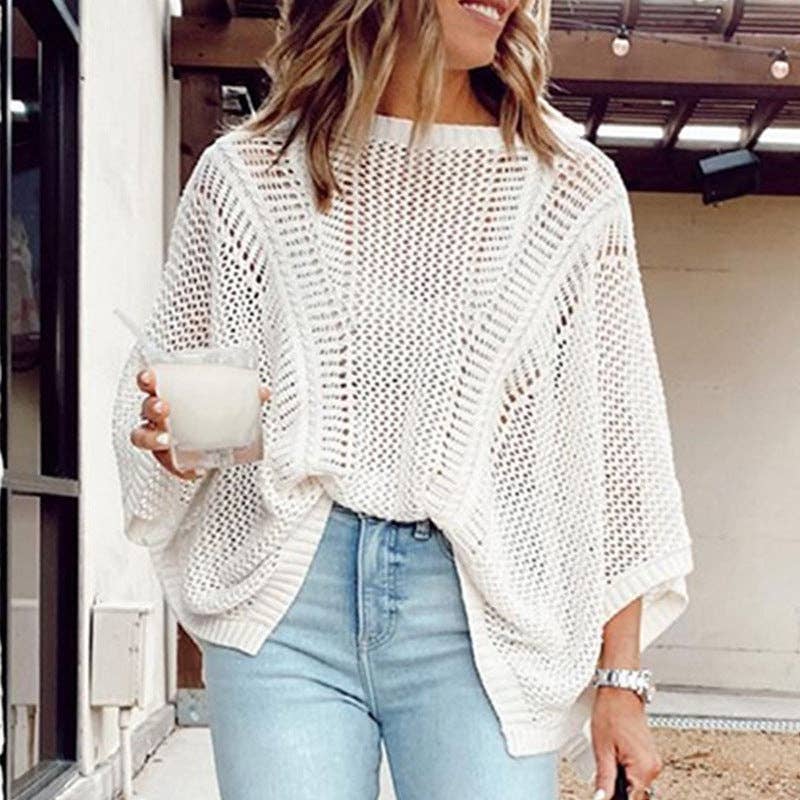 Ladies Bat Sleeves Hollow Out Knit Blouse 22065