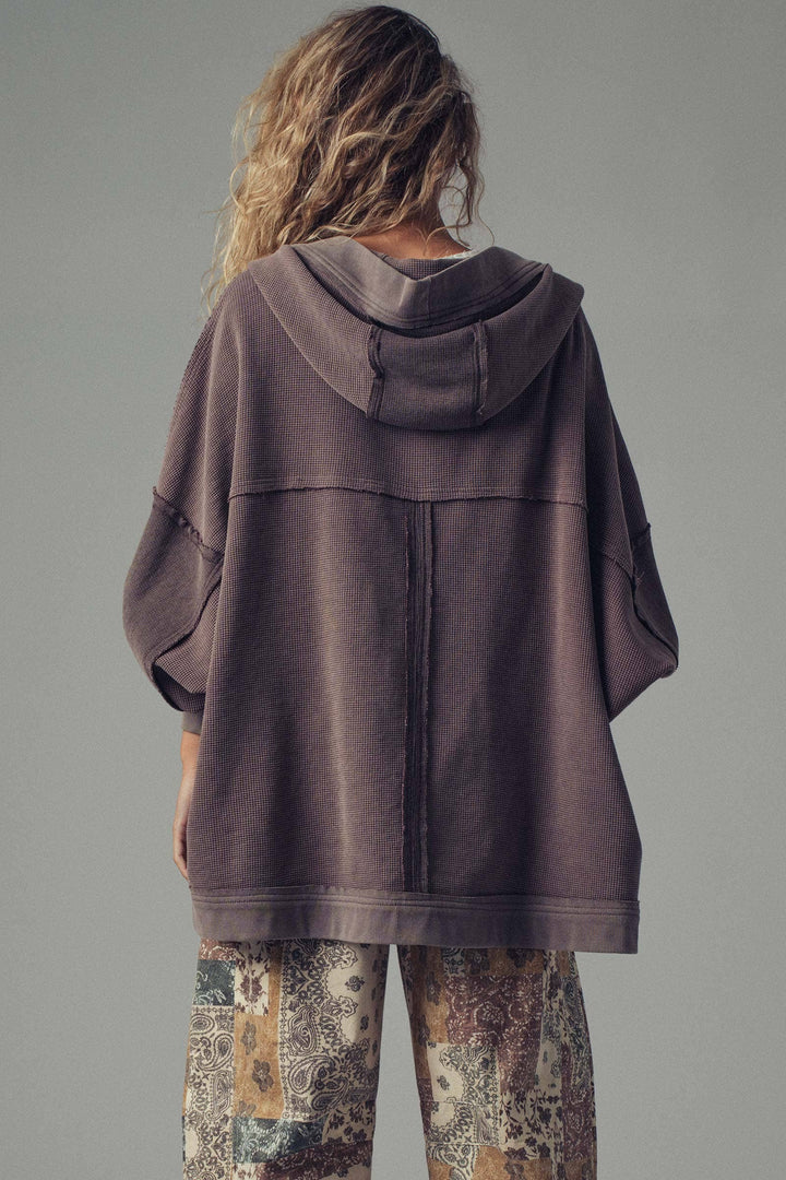 Brown Washed Waffle Knit Hooded Cardigan