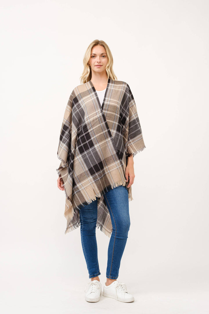 Autumn Plaid Fringe Poncho Kimono Ruana