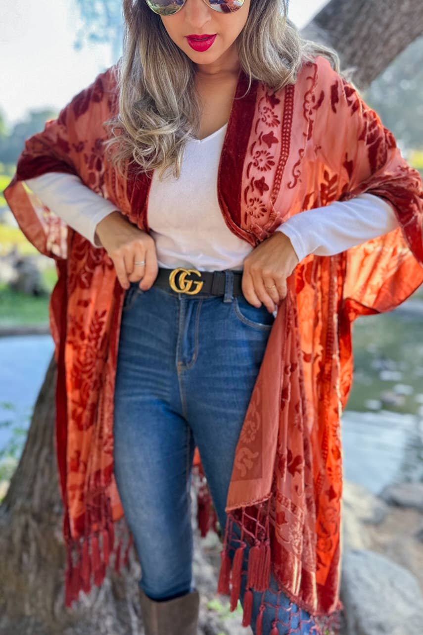 Rust Floral Burnout Kimono