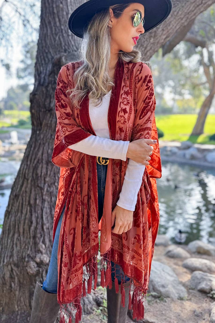 Rust Floral Burnout Kimono