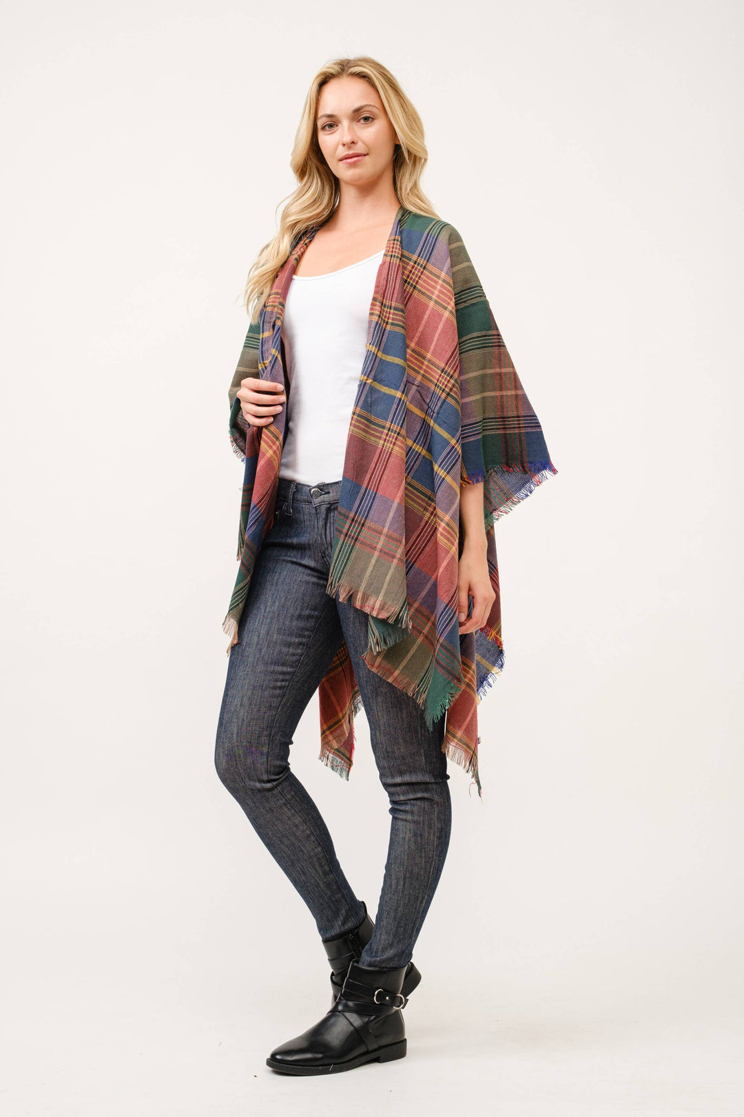 Autumn Plaid Fringe Poncho Kimono Ruana