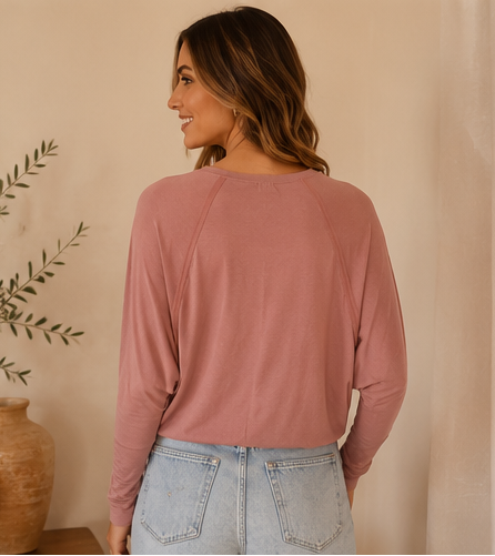 Long sleeve Raglan Casual Top- Washed Petal
